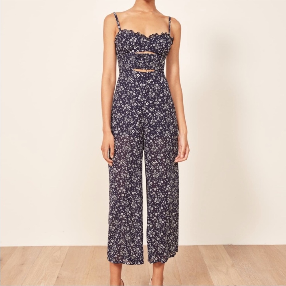 Reformation navy floral cutout jumpsuit